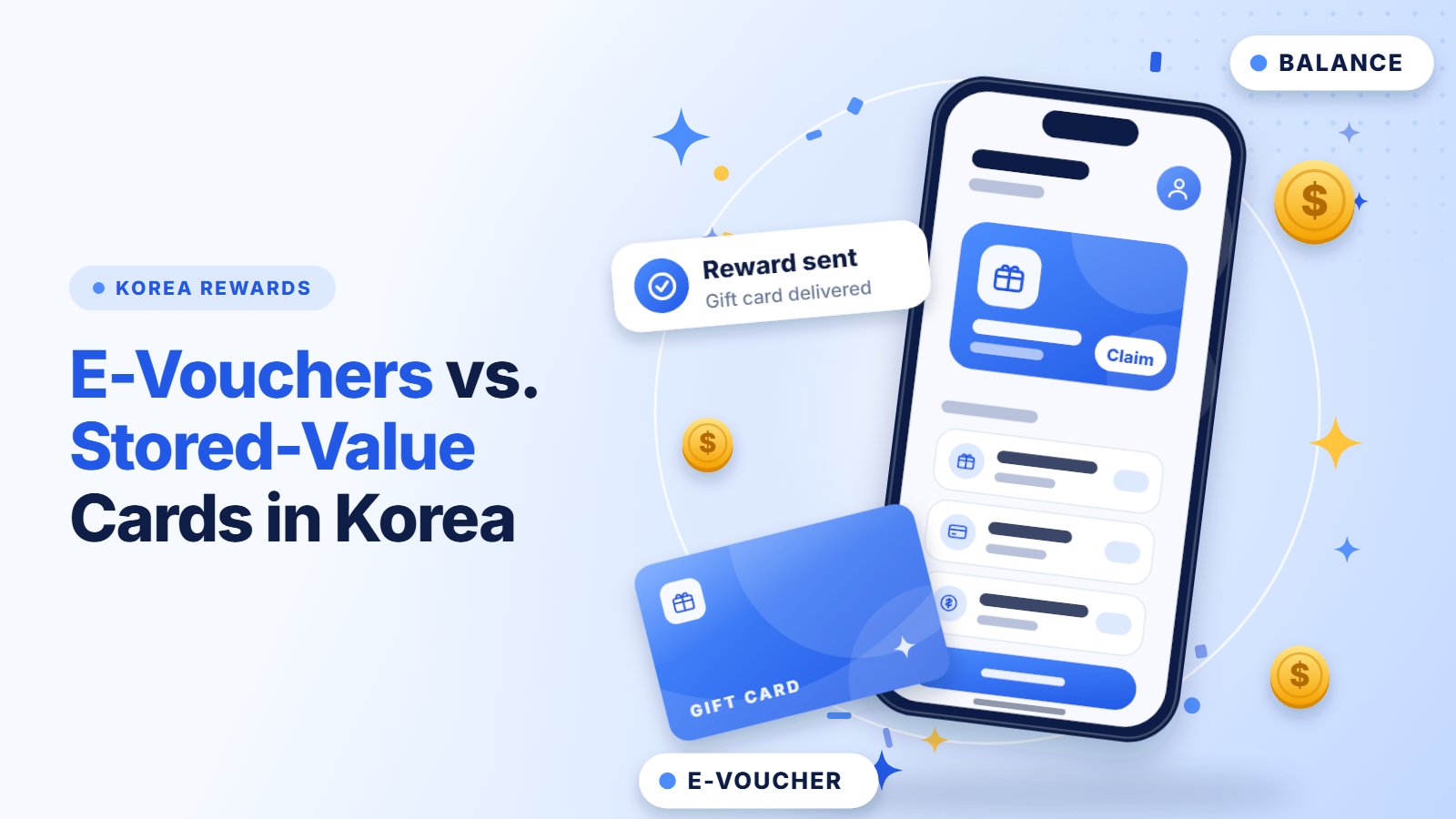 Thumbnail: smartphone with a reward alert beside a gift card, illustrating e-vouchers versus stored-value cards in Korea