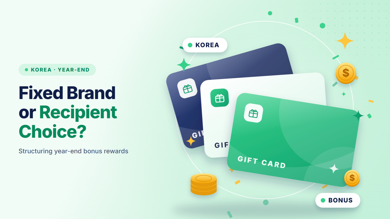 Thumbnail: fan of gift cards with Korea and bonus labels, illustrating fixed-brand versus recipient-choice year-end rewards