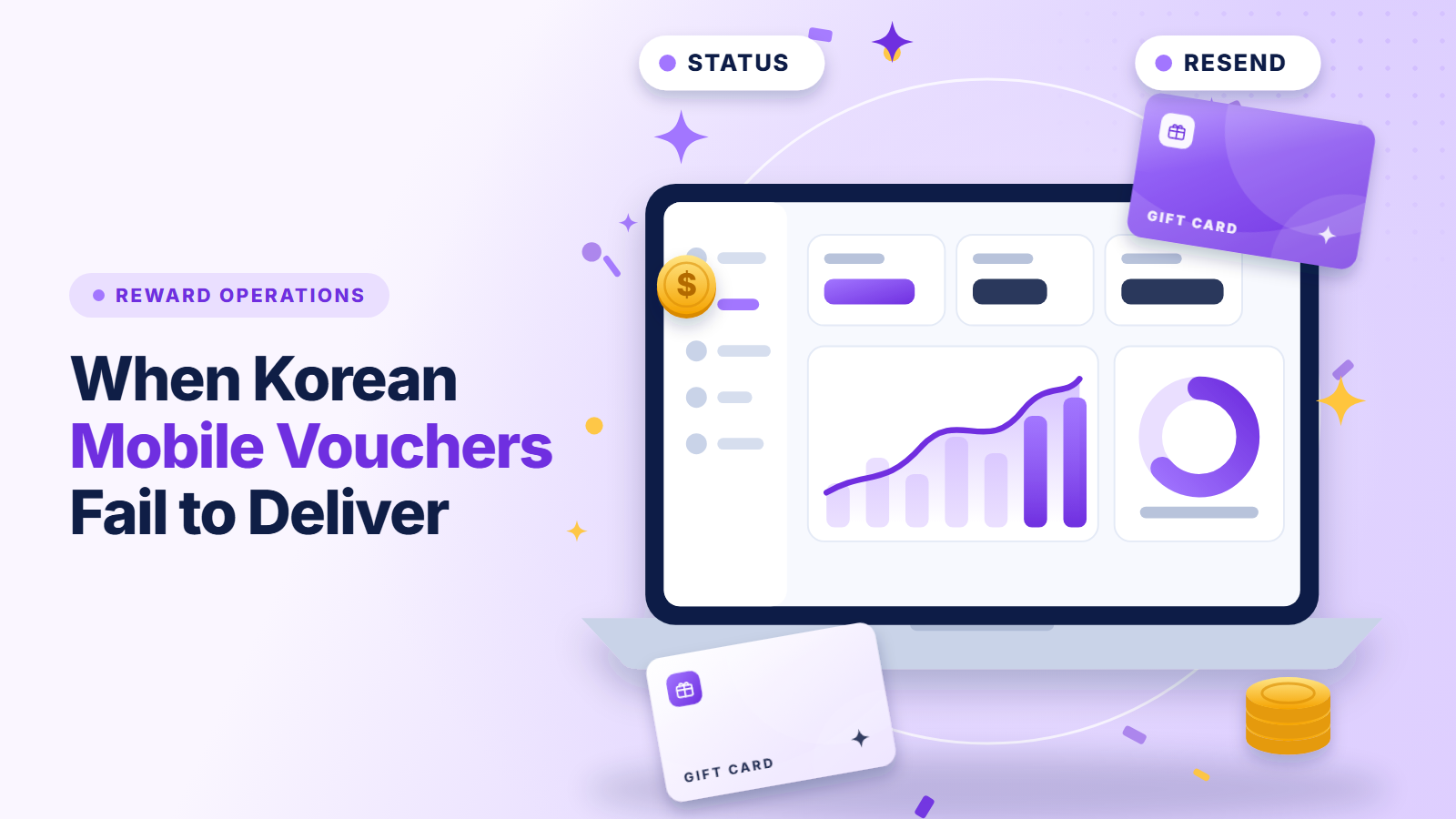 Thumbnail: laptop dashboard with gift cards, illustrating delivery status and resends for Korean mobile vouchers