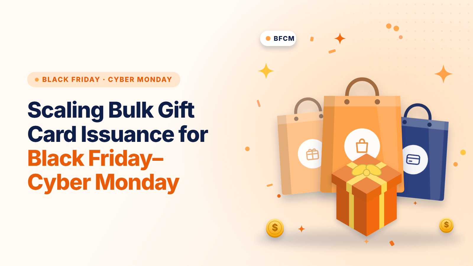 Thumbnail: shopping bags and a gift box illustrating bulk gift card issuance for Black Friday–Cyber Monday