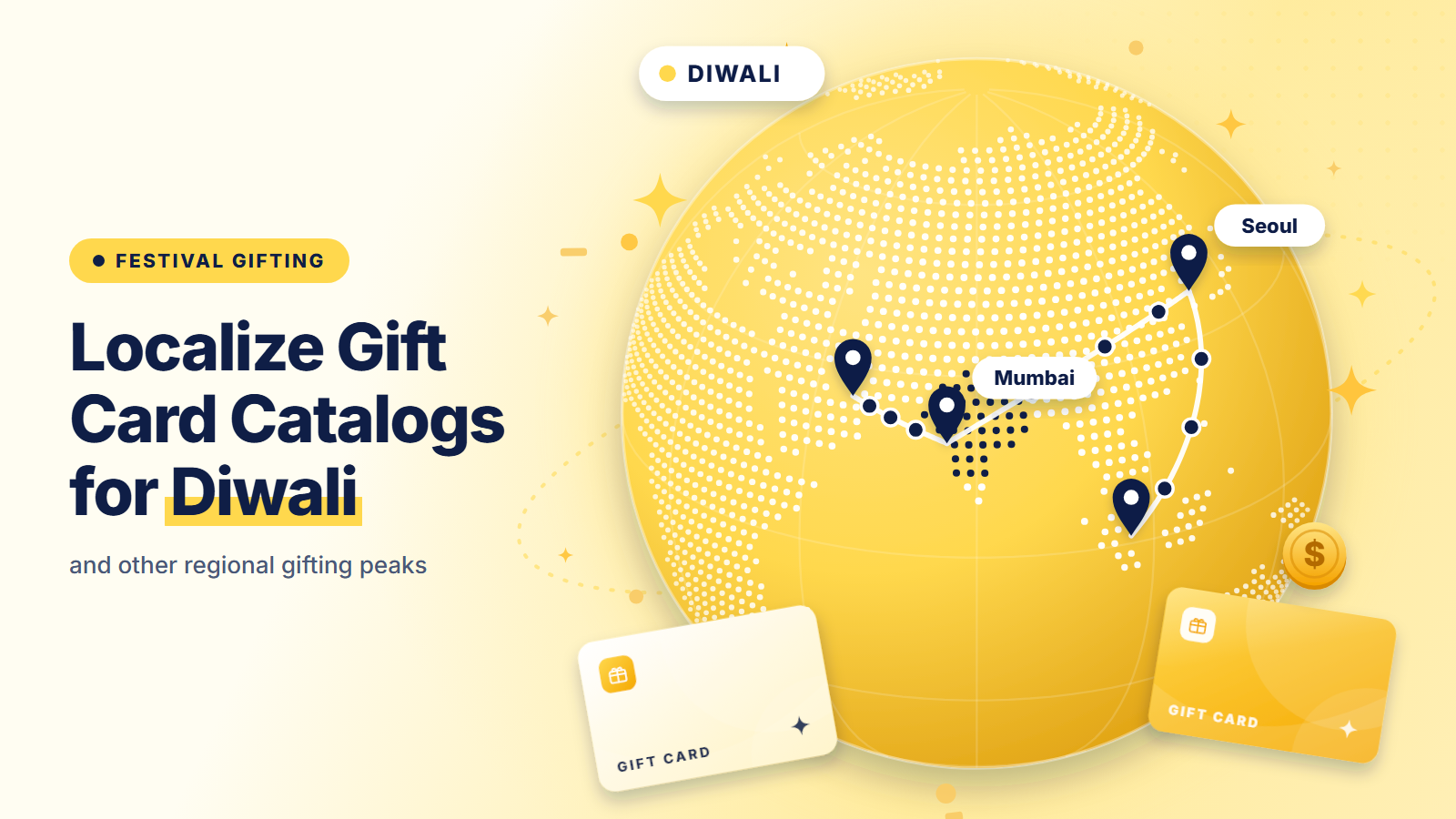 Thumbnail: dotted globe with gift card routes linking Mumbai and Seoul for Diwali and other regional gifting peaks