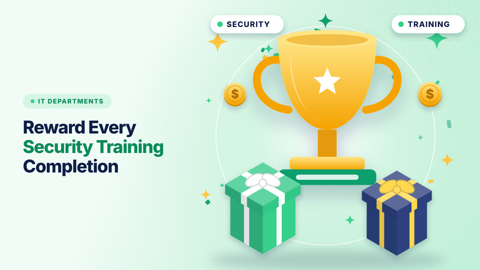Thumbnail: trophy, gift boxes and coins illustrating gift card rewards for completing cybersecurity training