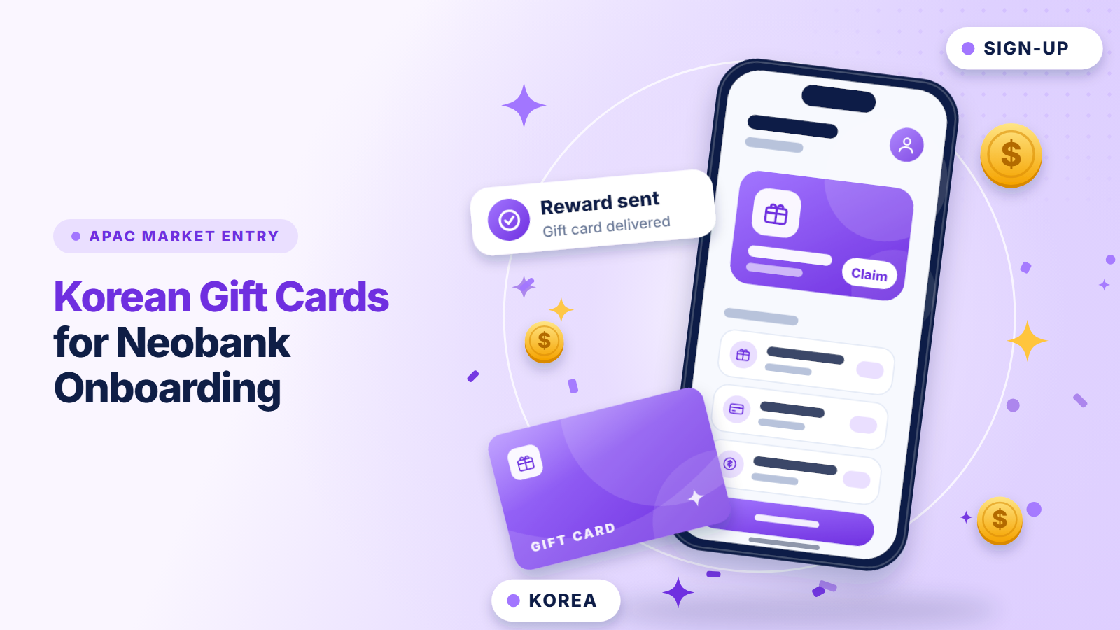 Thumbnail: smartphone with a reward alert and a gift card, illustrating Korean gift cards as neobank onboarding rewards